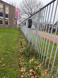 Groenstrook (bijenlint) met insectenhotels op het schoolplein